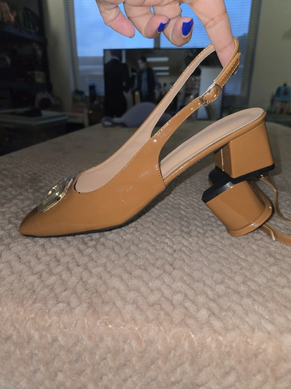 Women's Tan Slingback Block Heel Pumps with Gold Buckle